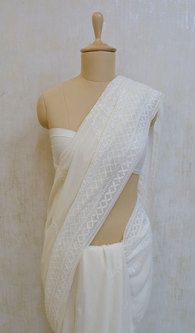 Women's Lakhnavi Handcrafted Dyeable Pure Silk Georgette Chikankari Saree - NC044871