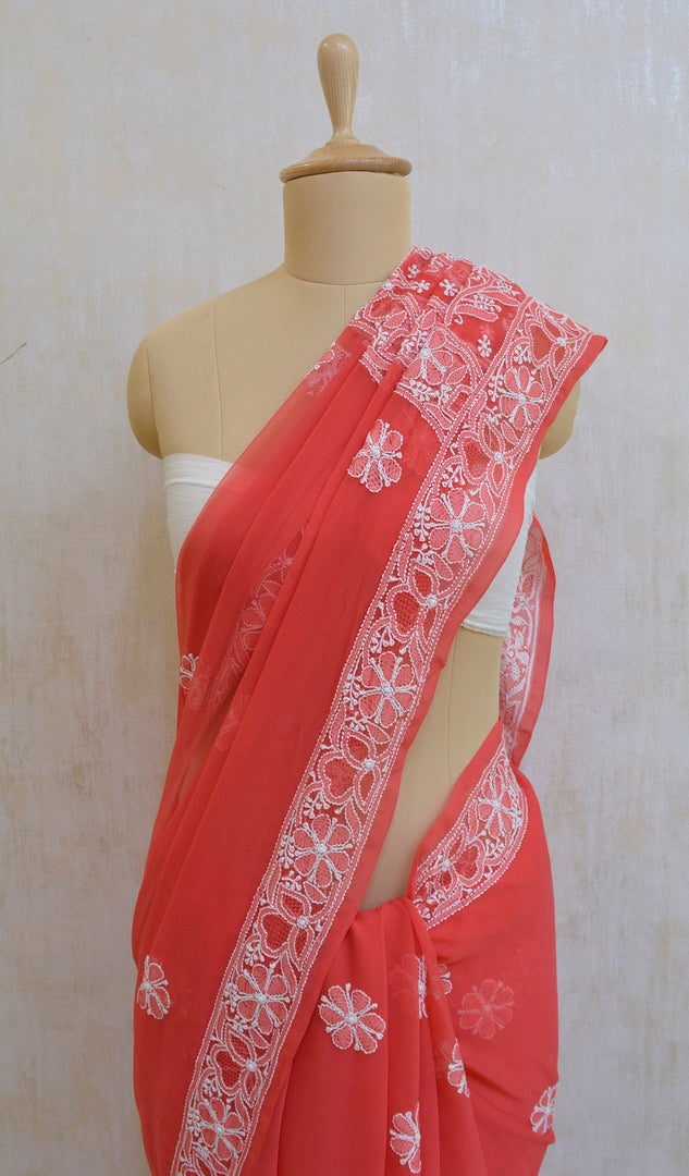Women's Lucknowi Handcrafted Red Faux-Georgette Chikankari Saree - NC044876