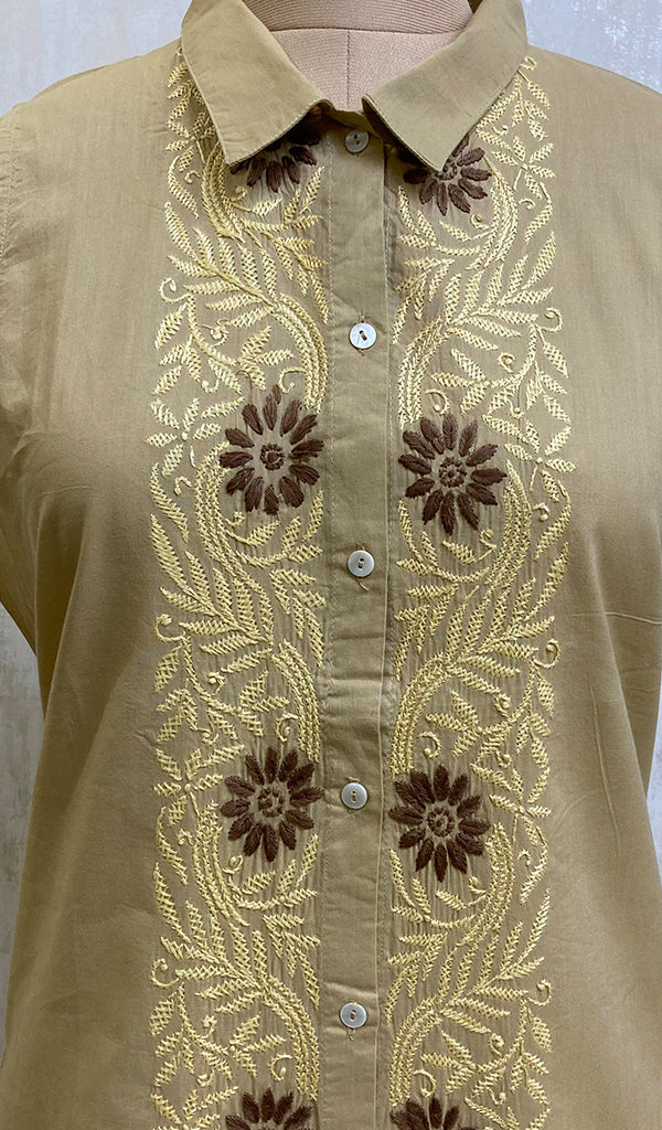 Women's Lucknowi Handcrafted Dark Beige Cotton Chikankari Kurti - NC049662