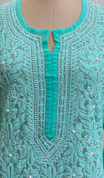 将图像加载到图库查看器中， Women&#39;s Lucknowi Handcrafted Turquoise Faux-Georgette Chikankari Kurti - NC043295
