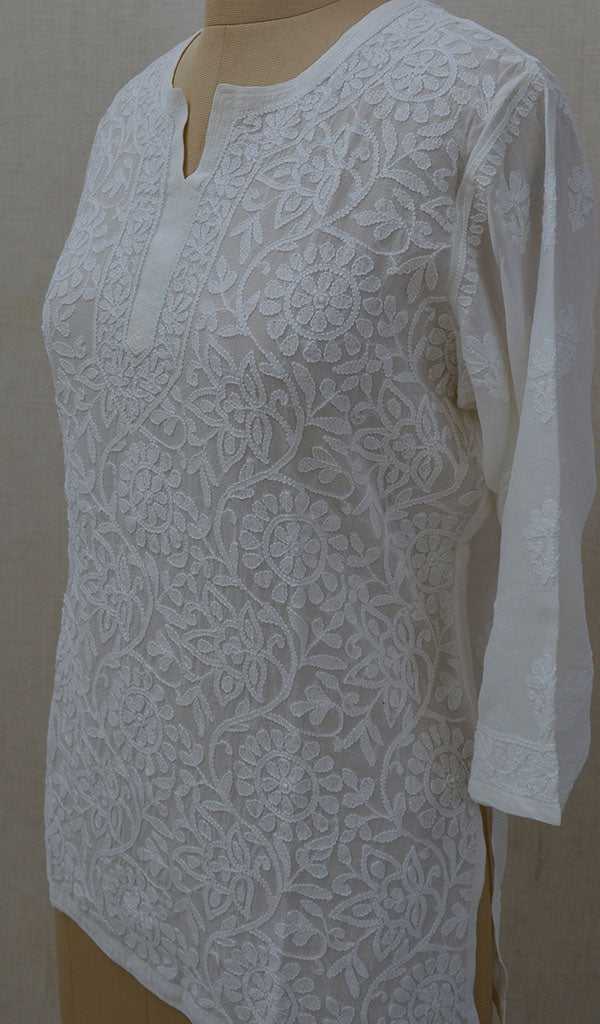 Women's Lakhnavi Handcrafted White Pure Silk Georgette Chikankari Top - NC045240-41