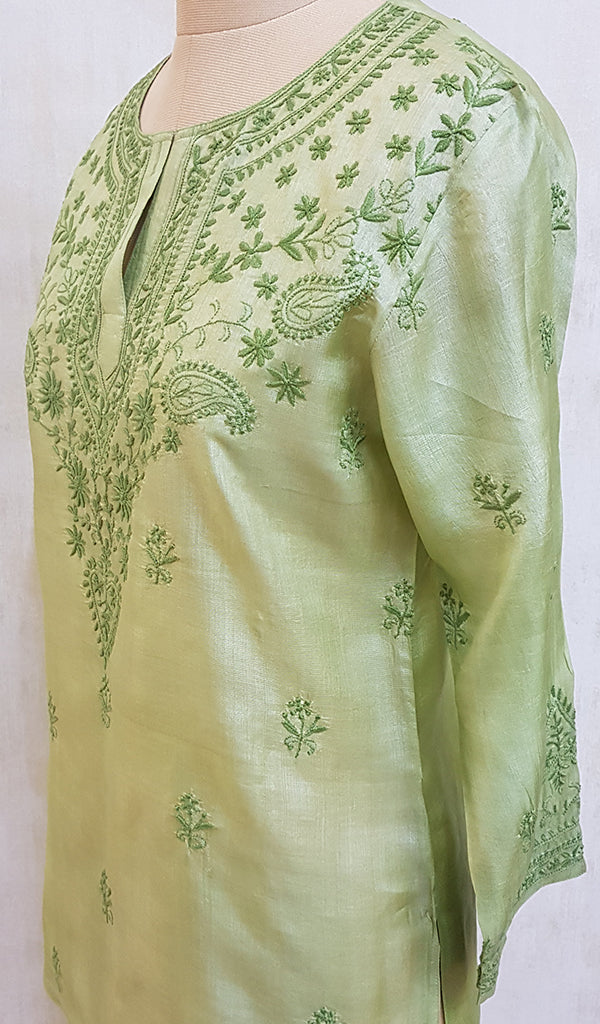 Women's Lucknowi Handcrafted Dark Green Tussar Silk Chikankari Top - NC048680-88