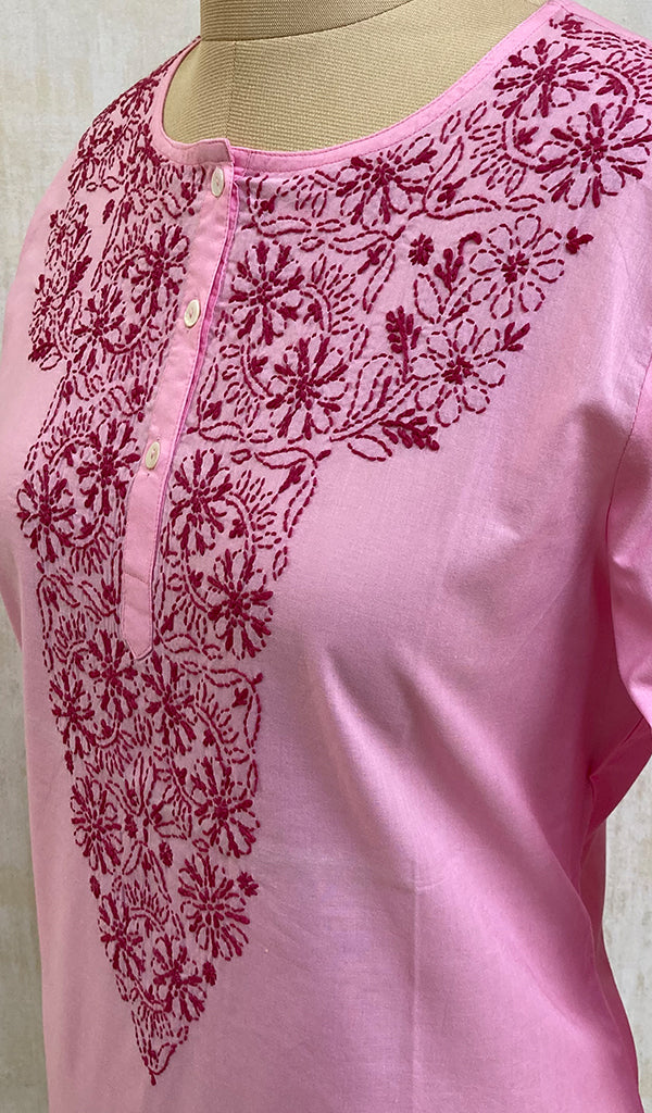 Women's Lucknowi Handcrafted Pink Cotton Chikankari Top - NC050075