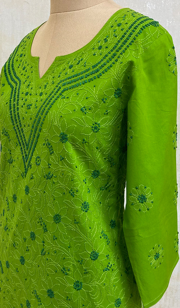 Women's Lakhnavi Handcrafted Green Cotton Chikankari Top - NC050093