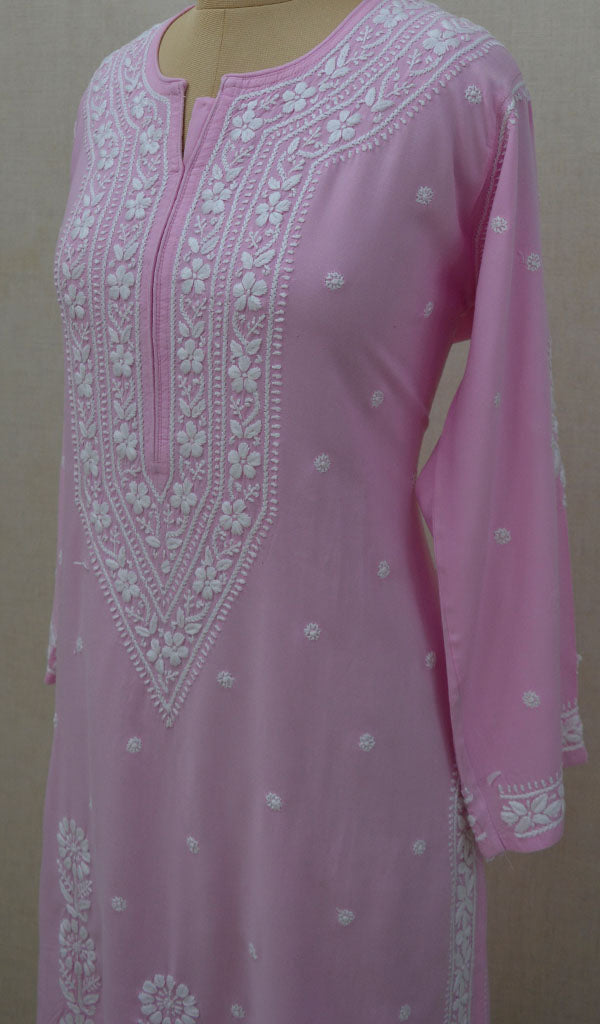 Women's Lakhnavi Handcrafted Baby Pink  Modal Cotton Chikankari Kurti - NC045809