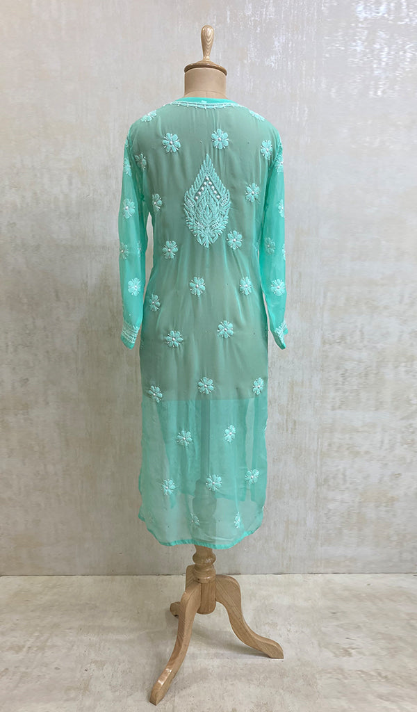 Women's Lucknowi Handcrafted Turquoise Faux-Georgette Chikankari Kurti - NC043295