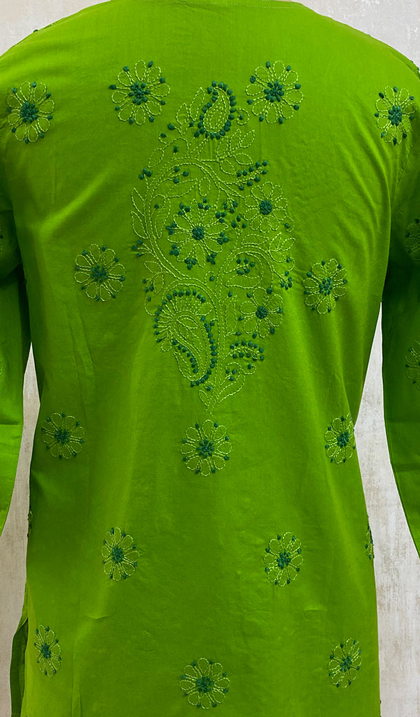 Women's Lakhnavi Handcrafted Green Cotton Chikankari Top - NC050093