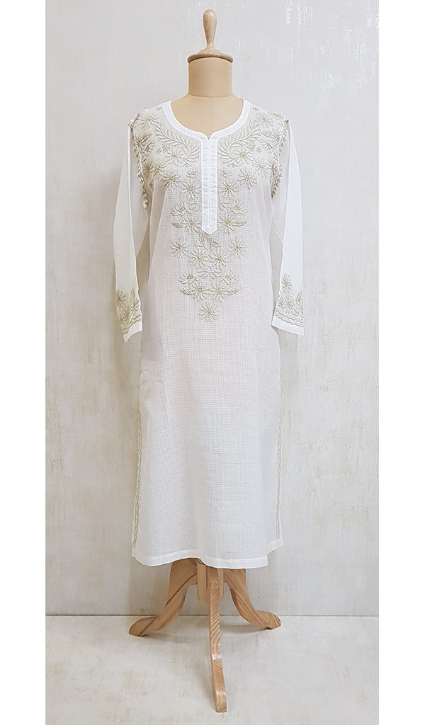 Ada Cotton white embroidered chikankari quarter sleeve stitched Women short  Kurti - A100595 - Ada - 3622279