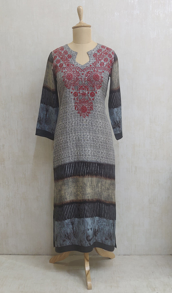 Women's Lucknowi Handcrafted Grey Rayon Chikankari Kurti - NC044377
