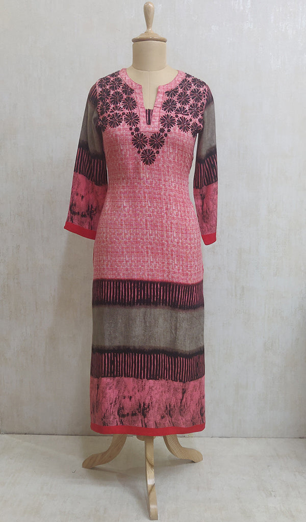 Women's Lakhnavi Handcrafted Pink Rayon Chikankari Kurti - NC044379-82