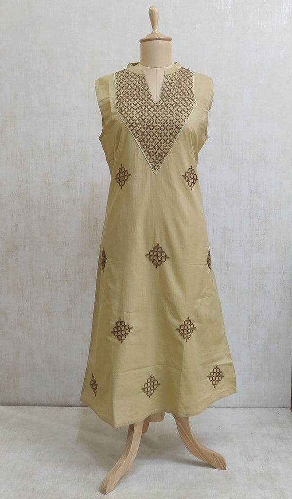 Women's Lakhnavi Handcrafted Dark Beige Cotton Chikankari Kurti - NC044210-18