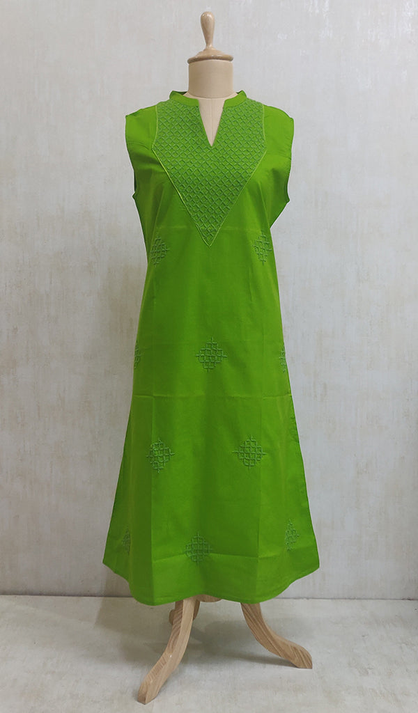 Women's Lucknowi Handcrafted Green Cotton Chikankari Kurti - NC044200-09