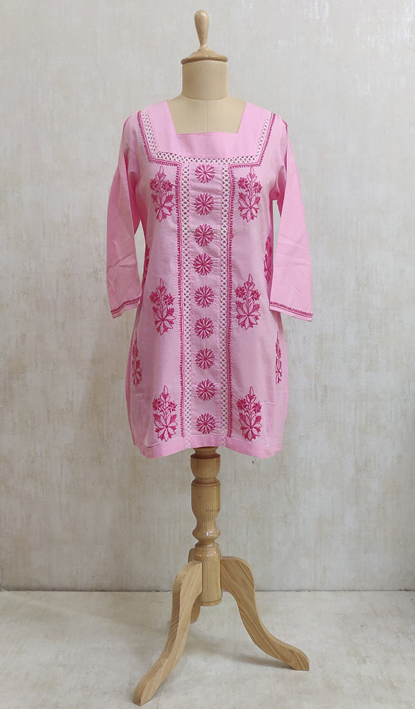 Women's Lakhnavi Handcrafted Pink Cotton Chikankari Short Kurti - NC044192-99