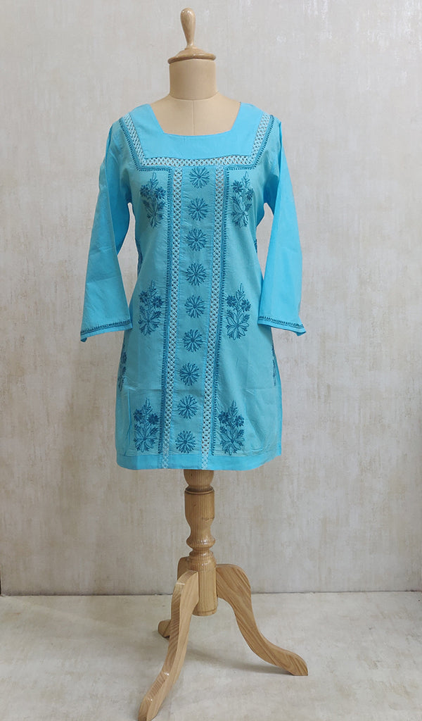 Women's Lucknowi Handcrafted Turquoise Cotton Chikankari Short Kurti - NC044219-28