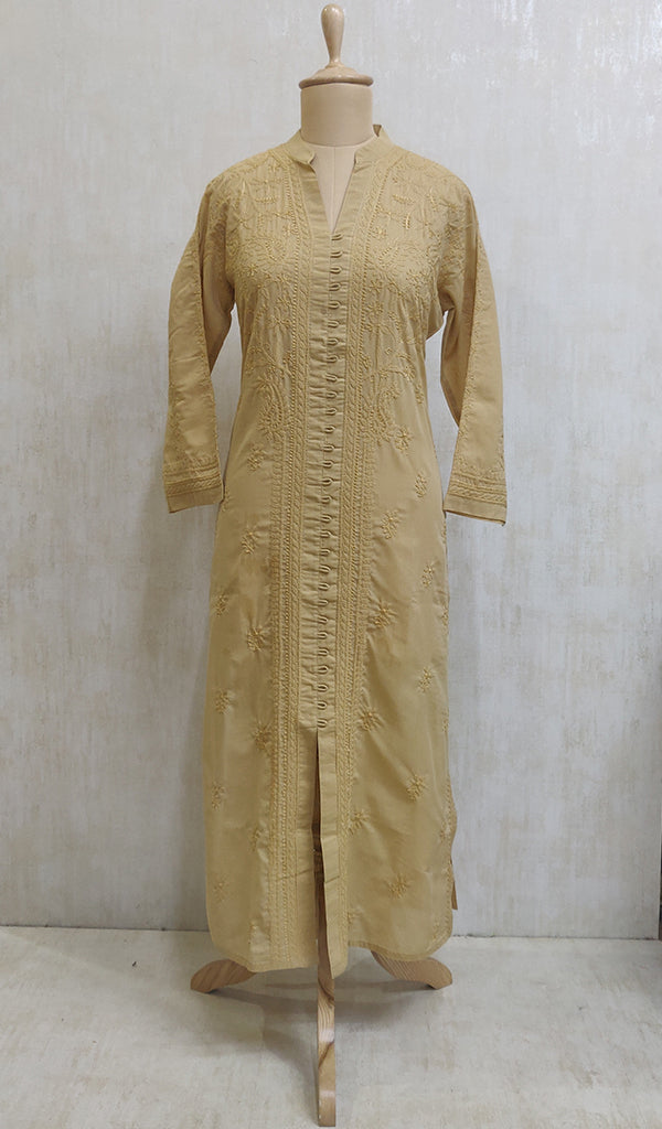 Women's Lucknowi Handcrafted Beige Cotton Chikankari Kurti - NC0443744