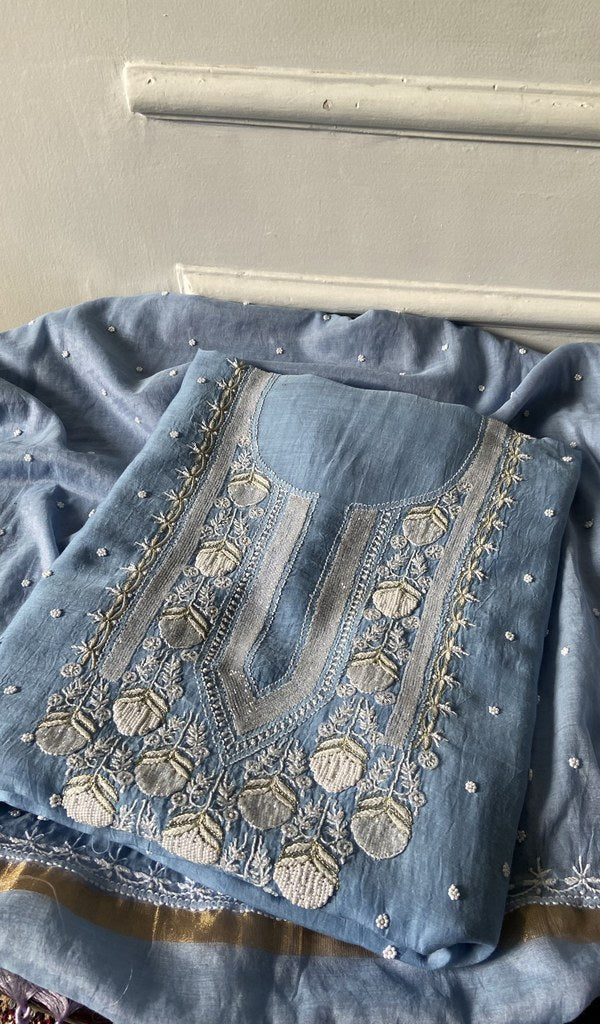Lavender mul chanderi kurta piece folded, badla and mukaish work in view