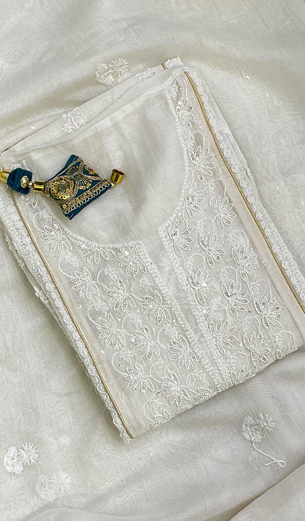 Women's Lakhnavi Handcrafted Mul Chanderi Chikankari Semi Stitched Kurta And Dupatta Set- HONC0138989