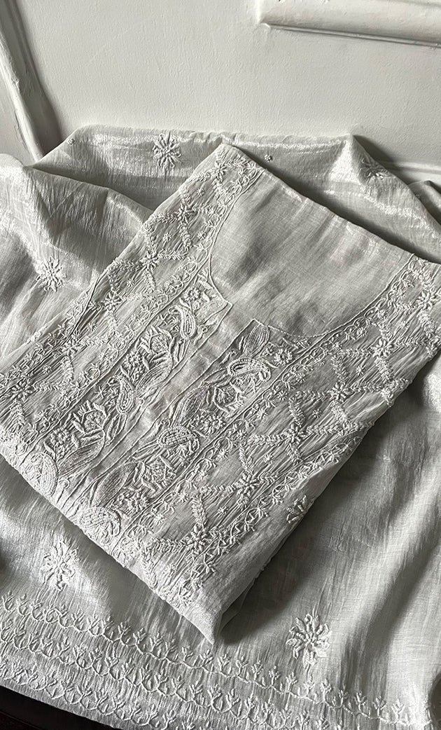 Women's Lakhnavi Handcrafted Tissue Chanderi Semi-Stitched Kurta And Dupatta Set - HONC0323646