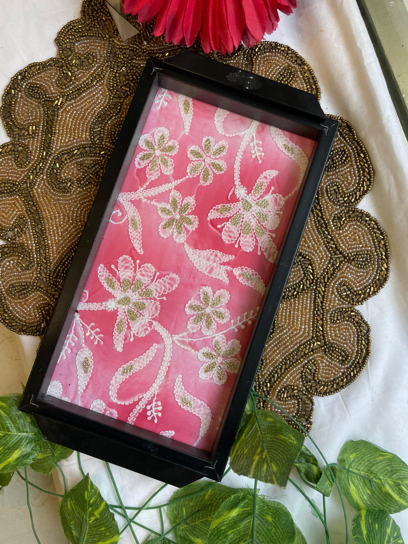 Handcrafted Chikankari Tray with Two Coasters – Wooden Frame - HONC0295559