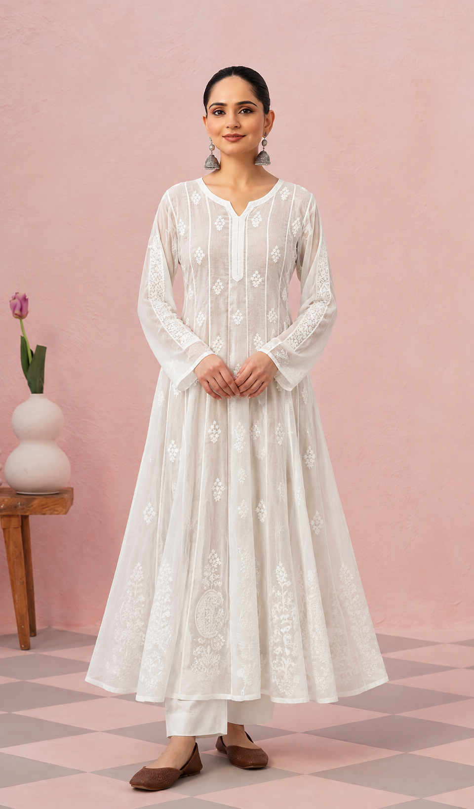 Women's Lucknowi Handcrafted Cotton Chikankari Anarkali Dress - HONC0212152