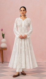 Women's Lucknowi Handcrafted Cotton Chikankari Anarkali Dress - HONC0212152