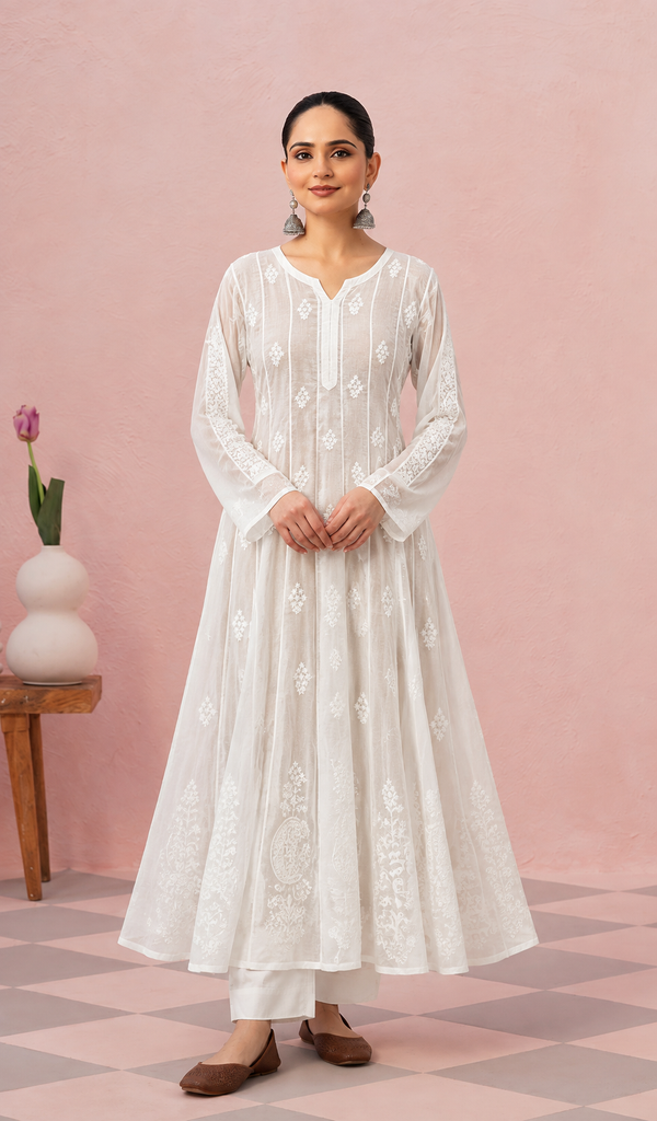 Women's Lucknowi Handcrafted Cotton Chikankari Anarkali Dress - HONC0212152