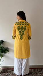Women's Lakhnavi Handcrafted Yellow Cotton Chikankari Kurti - HONC0139039
