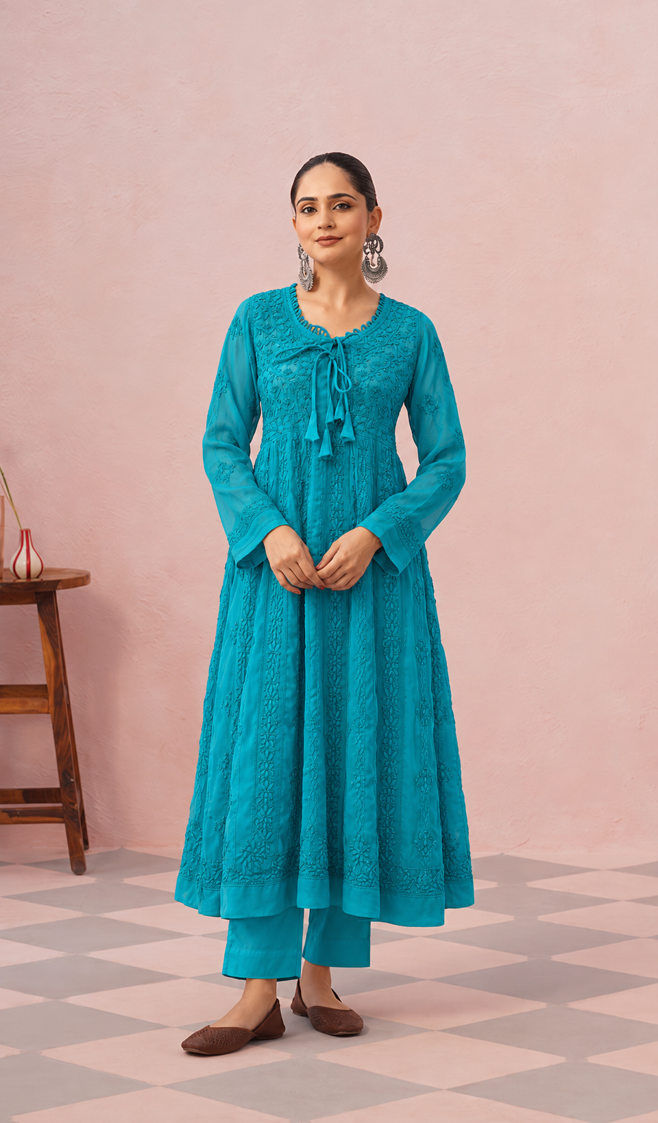 Aadab Women's Lakhnavi Handcrafted Faux-Georgette Chikankari  Anarkali Dress - HONC0140299