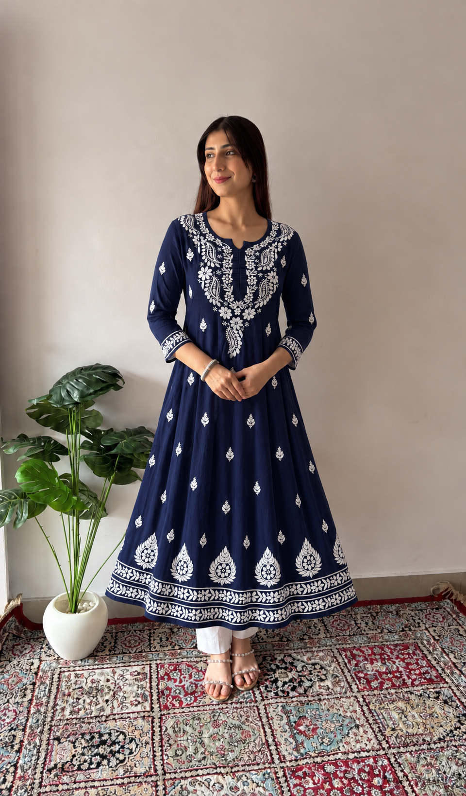 Women's Lucknowi Handcrafted Modal Cotton Chikankari Anarkali Dress - HONC0231065