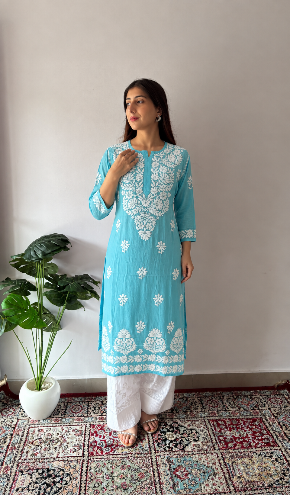 Women's Lucknowi Handcrafted Modal Cotton Chikankari Kurti- HONC0392399