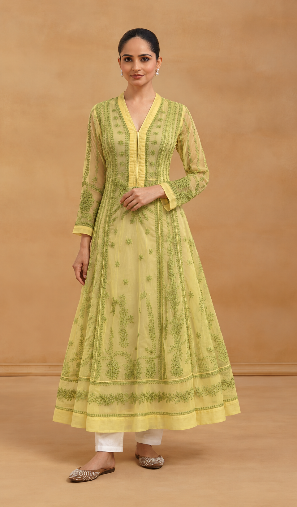 Women's Lakhnavi Handcrafted Organza Chikankari Anarkali Dress- HONC040020