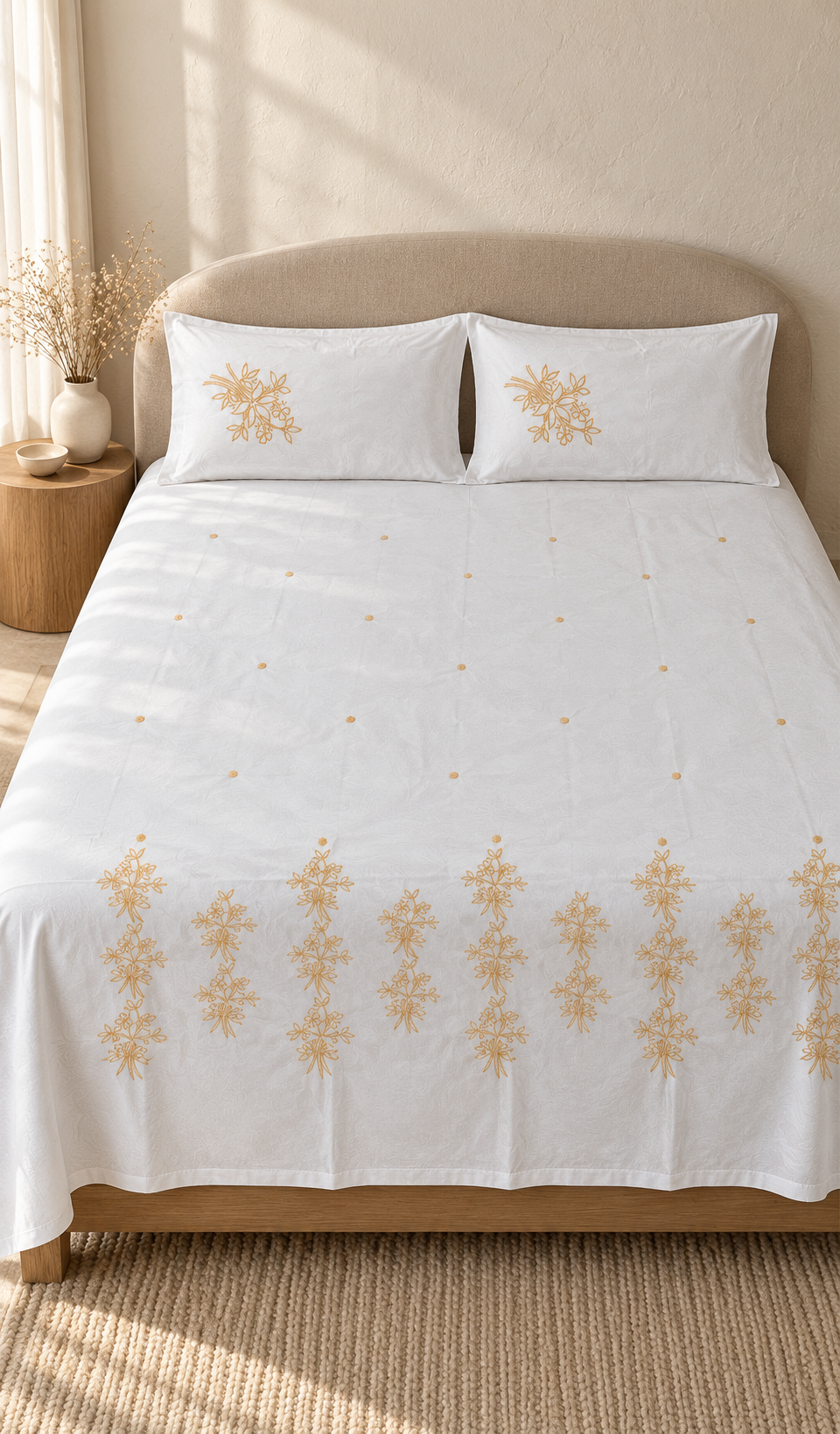 Lakhnavi Handcrafted Cotton Chikankari Bedsheet Set - HONC03945370