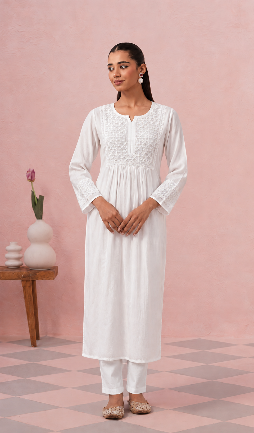 Women's Lucknowi Handcrafted Modal Cotton Chikankari Dress - HONC0126837