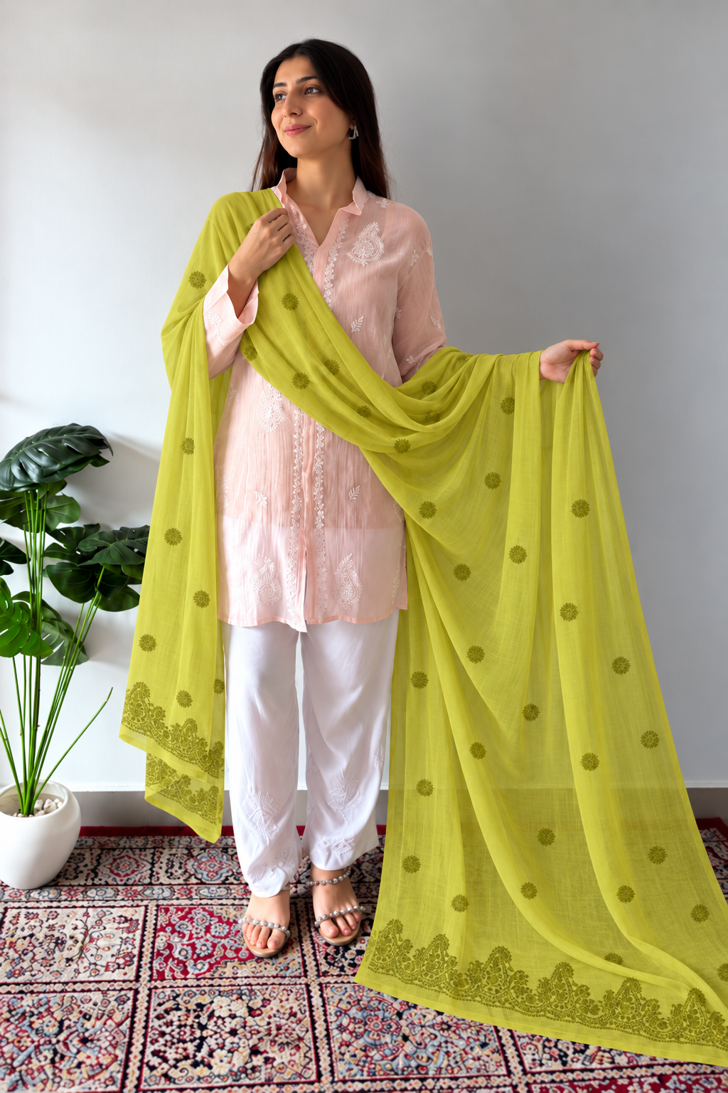 Women's Lucknowi Handcrafted Cotton Chikankari Dupatta - HONC02306243