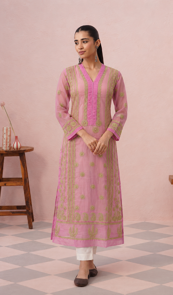 Gul Women's Lakhnavi Handcrafted Organza Chikankari Anarkali Dress- HONC040020
