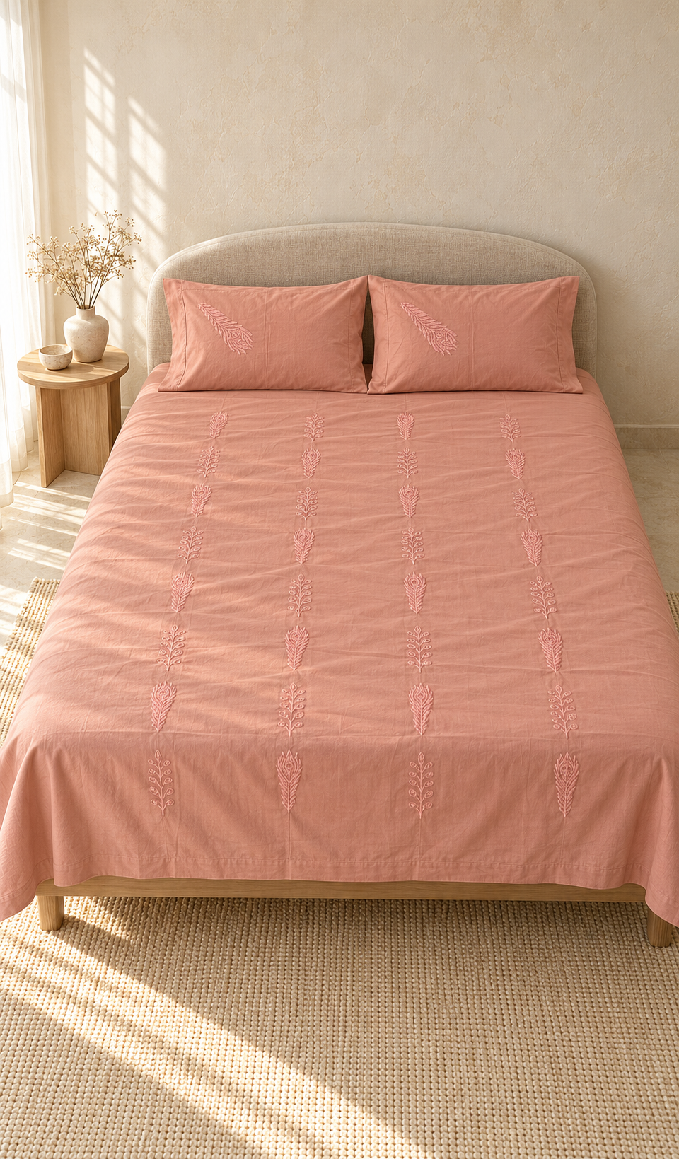 Lakhnavi Handcrafted Cotton Chikankari Bedsheet Set - HONC0394530