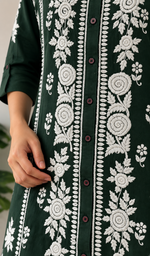 Women's Lucknowi Handcrafted Dark Green Linen Cotton Chikankari Kurti - HONC011149
