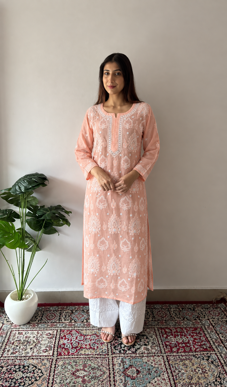 Women's Lucknowi Handcrafted Cotton Chikankari Kurti- HONC0392388