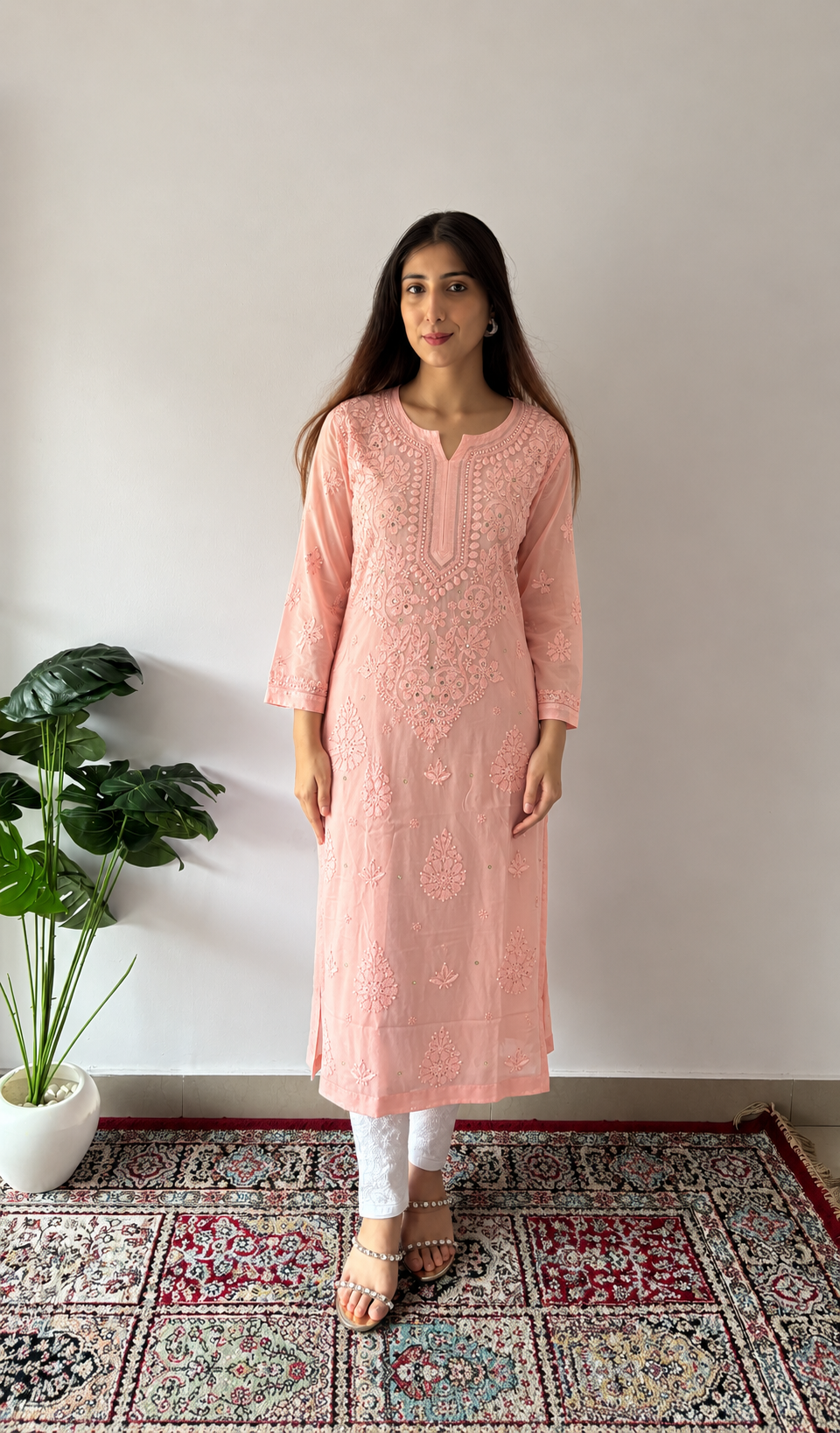 Women's Lakhnavi Handcrafted Viscose Georgette Chikankari Kurti - HONC0394234