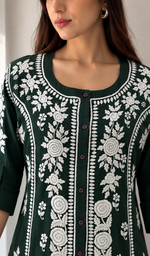 Women's Lucknowi Handcrafted Dark Green Linen Cotton Chikankari Kurti - HONC011149