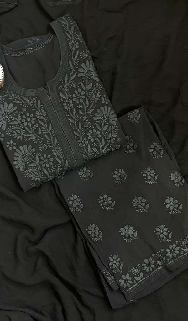 Lucknowi 手工粘胶乔其纱 Chikankari Kurta Palazzo 带 Dupatta 套装 - HONC0113552